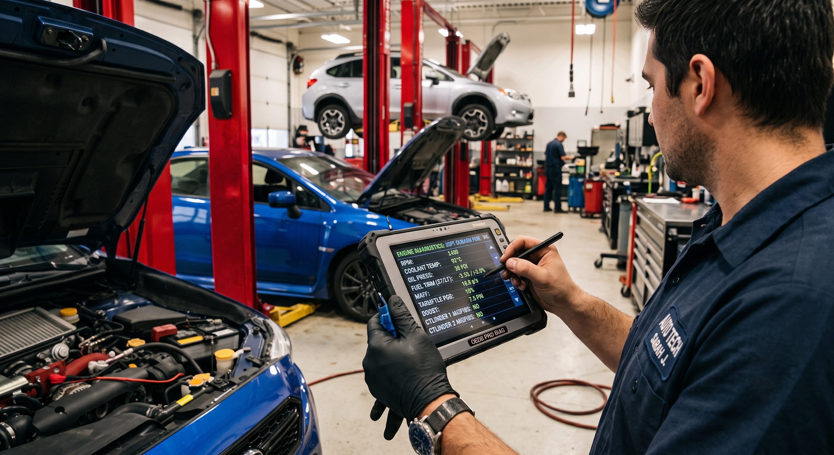Technician using a high-end diagnostic scanner system